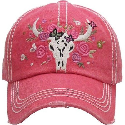 Longhorn Cow Skull Roses Ladies Cap Red Factory Distressed Hat  eb-76616845